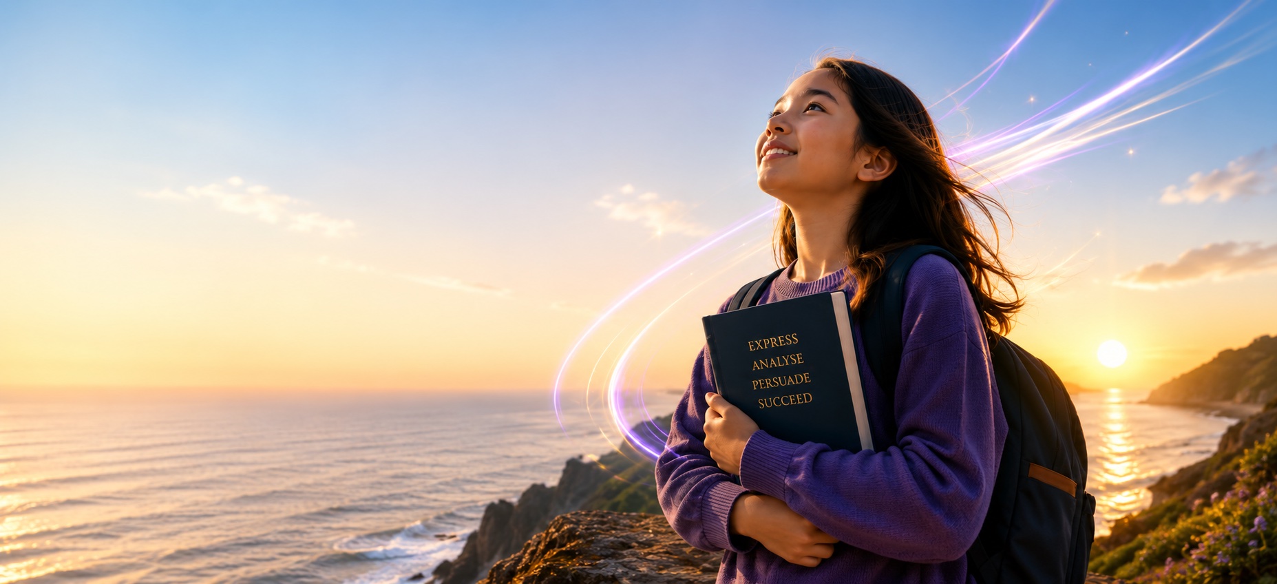 Student holding a book titled Express, Analyse, Persuade, Succeed while looking up at a sunset sky over the sea